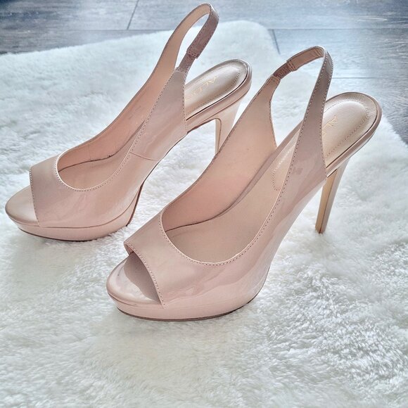 Aldo | Peep Toe Sling Back Platform Stiletto Patent Leather Nude Heels - Picture 1 of 12